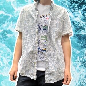 Forever 21 Blue and White Pinstripe Short Sleeve Button Down with Rolled Sleeves